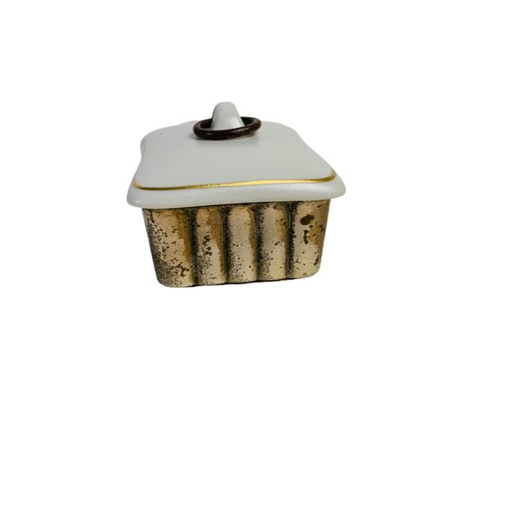 MCM Atomic Style Trinket Box Ridged Brass Base Ceramic Lid O Ring Handle Decor - Picture 4 of 13